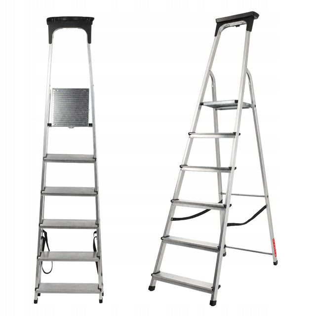 Drabina aluminiowa domowa 6 stopniowa składana półka + HAK produkt polski do malowania, podest 118 cm, zasięg pracy 3,19 m, nośność 125 kg
