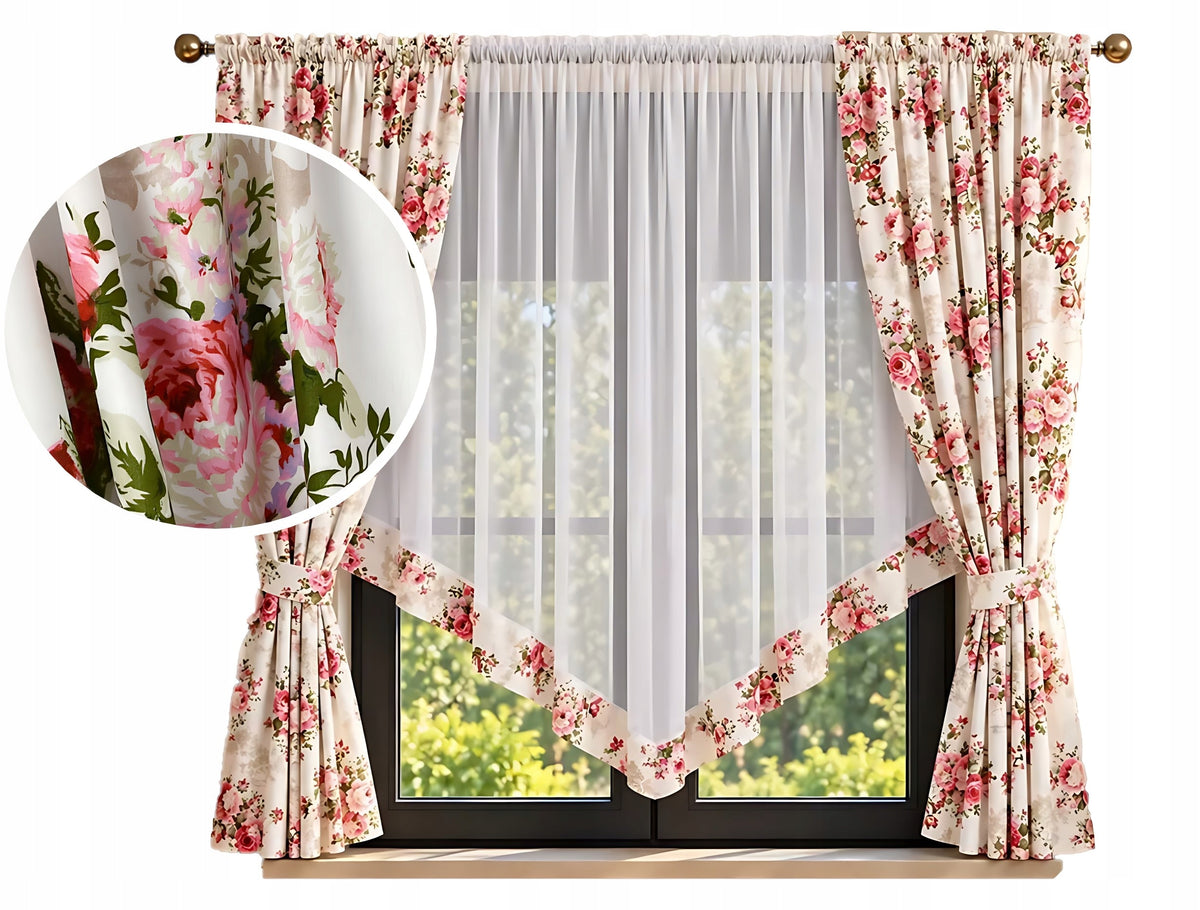 Firanka gotowa woal firany gotowe na taśmie do salonu kwiaty 400x160 cm dekoracja okienna, wielokolorowa, klasyczna