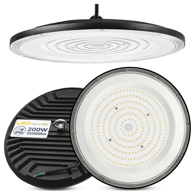 Lampa Wisząca Przemysłowa Hermetyczna LED UFO IP65 HighBay 200W 32000lm oprawa do hali magazynu i warsztatu, czarna aluminiowa, średnica 26 cm