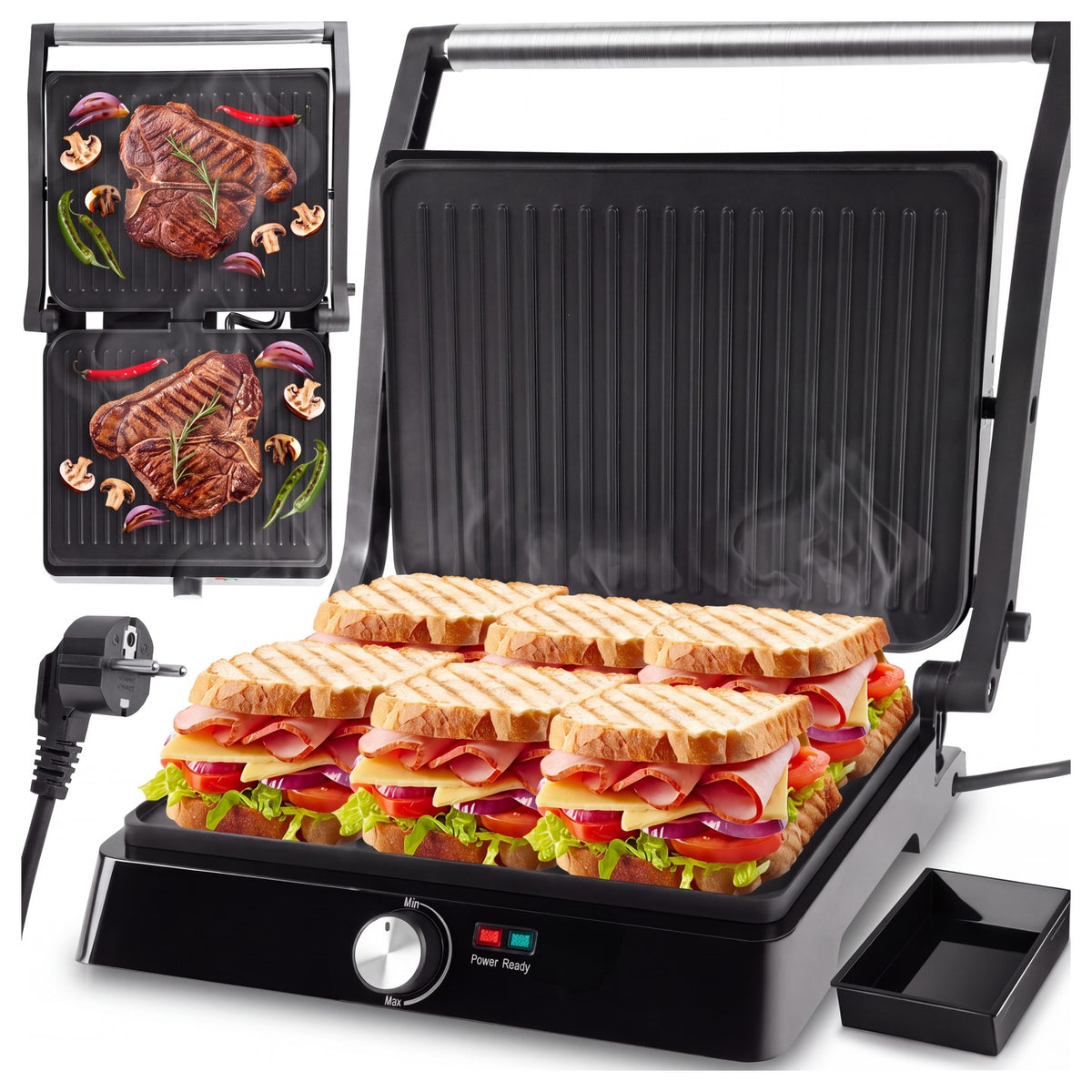 Grill elektryczny opiekacz toster do kanapek panini rozkładany mocny 2200W nominalna czarny