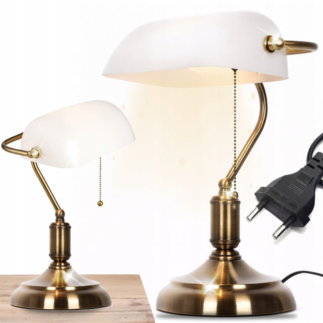 Lampka bankierska biurkowa vintage nocna biały szklany abażur retro E27 oświetlenie do gabinetu, 27 cm, wys. 37 cm, 40 w, zasilanie sieciowe