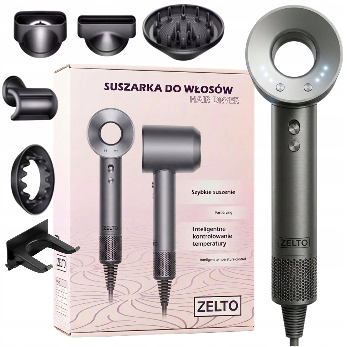 Suszarka do włosów z jonizacją dyfuzorem 1600W uchwyt 5xNASADKI mocna lekka
