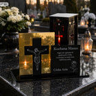 Personalizowany Znicz Led Cmentarz Grób Taty Mamy Rodziców Dziadków Grawer lampion nagrobny z krzyżem na lustrze