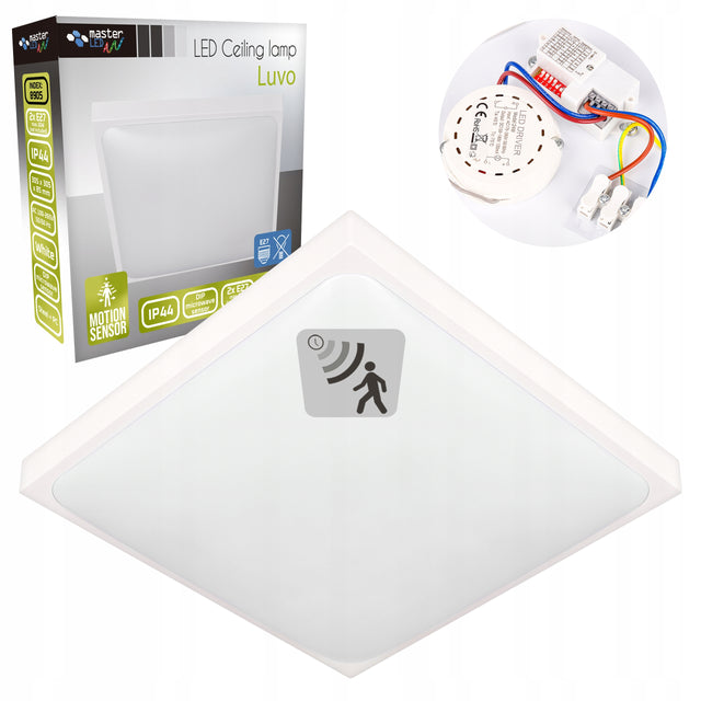 Lampa Sufitowa Plafon LED Czujnik Ruchu 2xE27 Biały Kwadratowy Natynkowy oświetlenie do korytarza, przedpokoju i klatki schodowej
