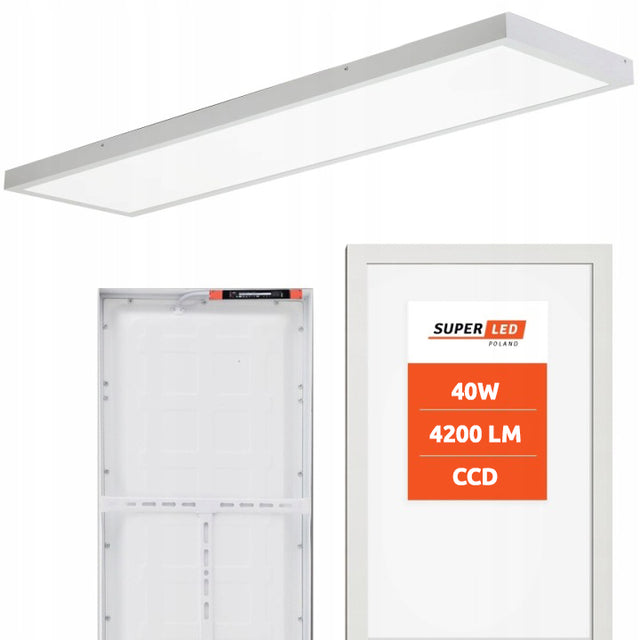 Panel lampa LED Sufitowy 40W Plafon Natynkowy 120 x 30cm biały premium oprawa oświetleniowa do biura i kuchni, neutralna barwa, prostokątna