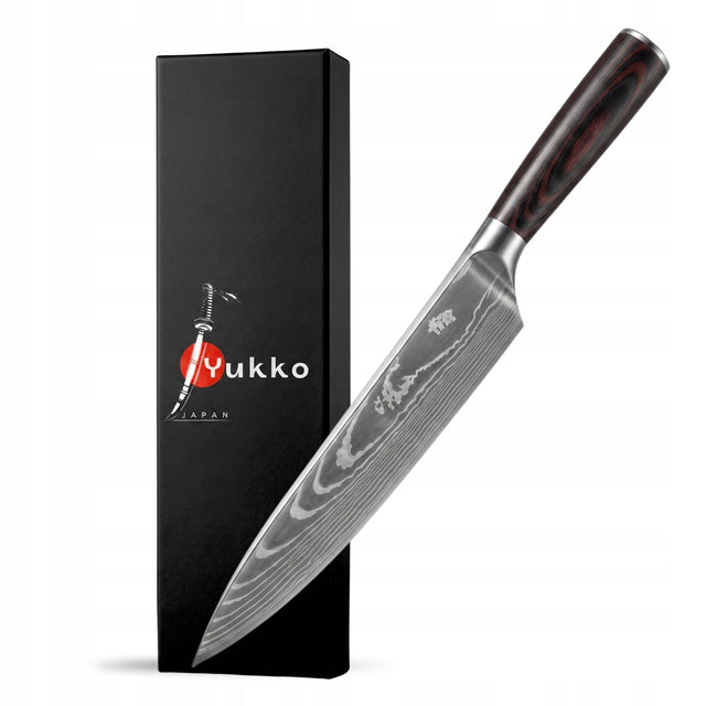 Nóż Kuchenny Szefa Kuchni Profesjonalny Japoński Bardzo Ostry Yukko Japan ostrze 20 cm ze stali węglowej, drewniany uchwyt do krojenia santoku do