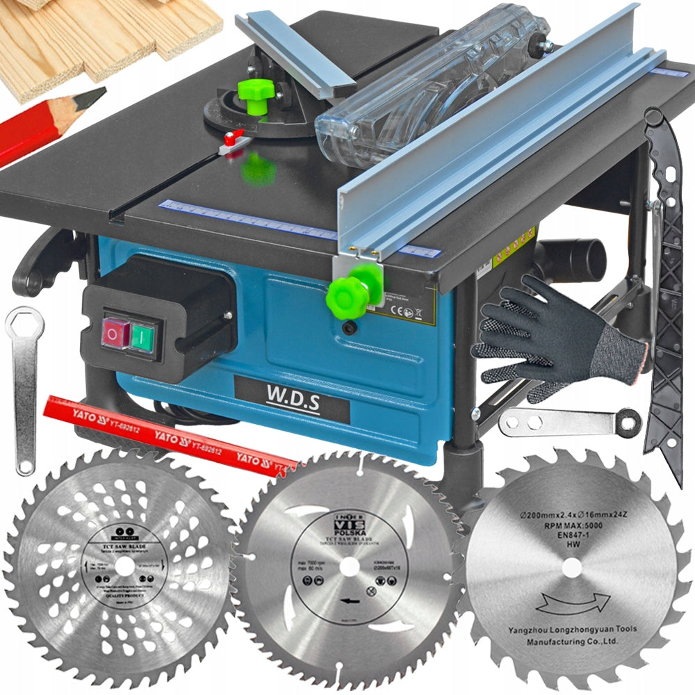 Piła stołowa pilarka krajzega do cięcia drewna tarcza cyrkularka + 3 tarcze przecinarka warsztatowa 200 mm 1500 w 2950