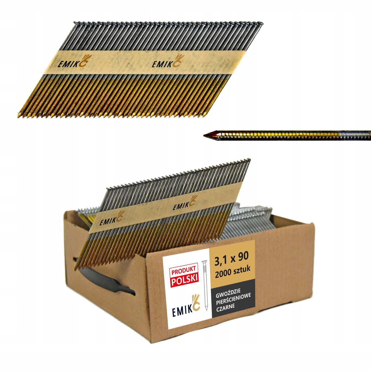 Gwoździe do gwoździarki łączone papierem 3,1x90mm 34° 2000szt Pierścieniowe do konstrukcji drewnianych, prace
