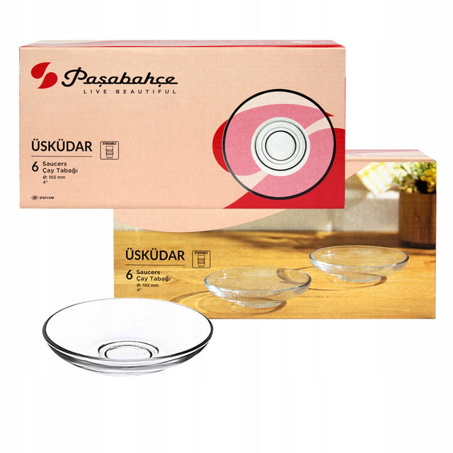 Pasabahce Szklane Spodki Podstawki pod Szklanki do Herbaty 6szt talerzyki okrągłe bezbarwne 10,2 cm na filiżanki, kawowe szklane podkładki na espresso