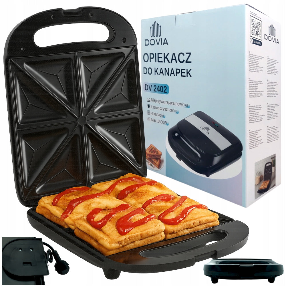 Czarny Toster Opiekacz Do Kanapek XXL 4 Kanapki 1400W Tosty Sandwich dovia nominalna