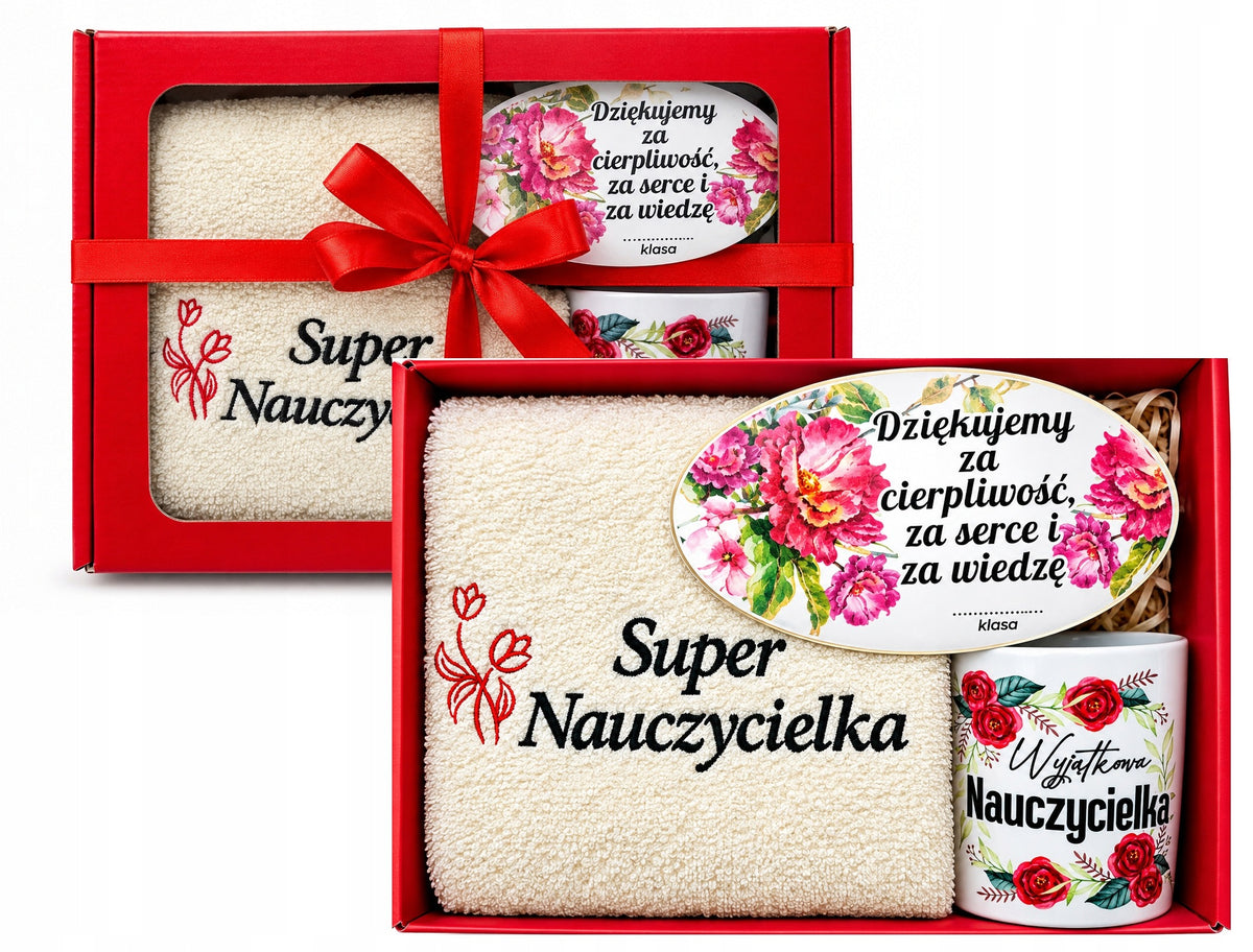 Prezent dla nauczycielki dzień nauczyciela zestaw ręcznik kubek zawieszka upominek dla pedagoga, wychowawczyni
