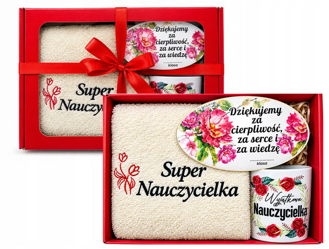 Prezent dla nauczycielki dzień nauczyciela zestaw ręcznik kubek zawieszka upominek dla pedagoga, wychowawczyni, dekoracja z nadrukiem na urodziny