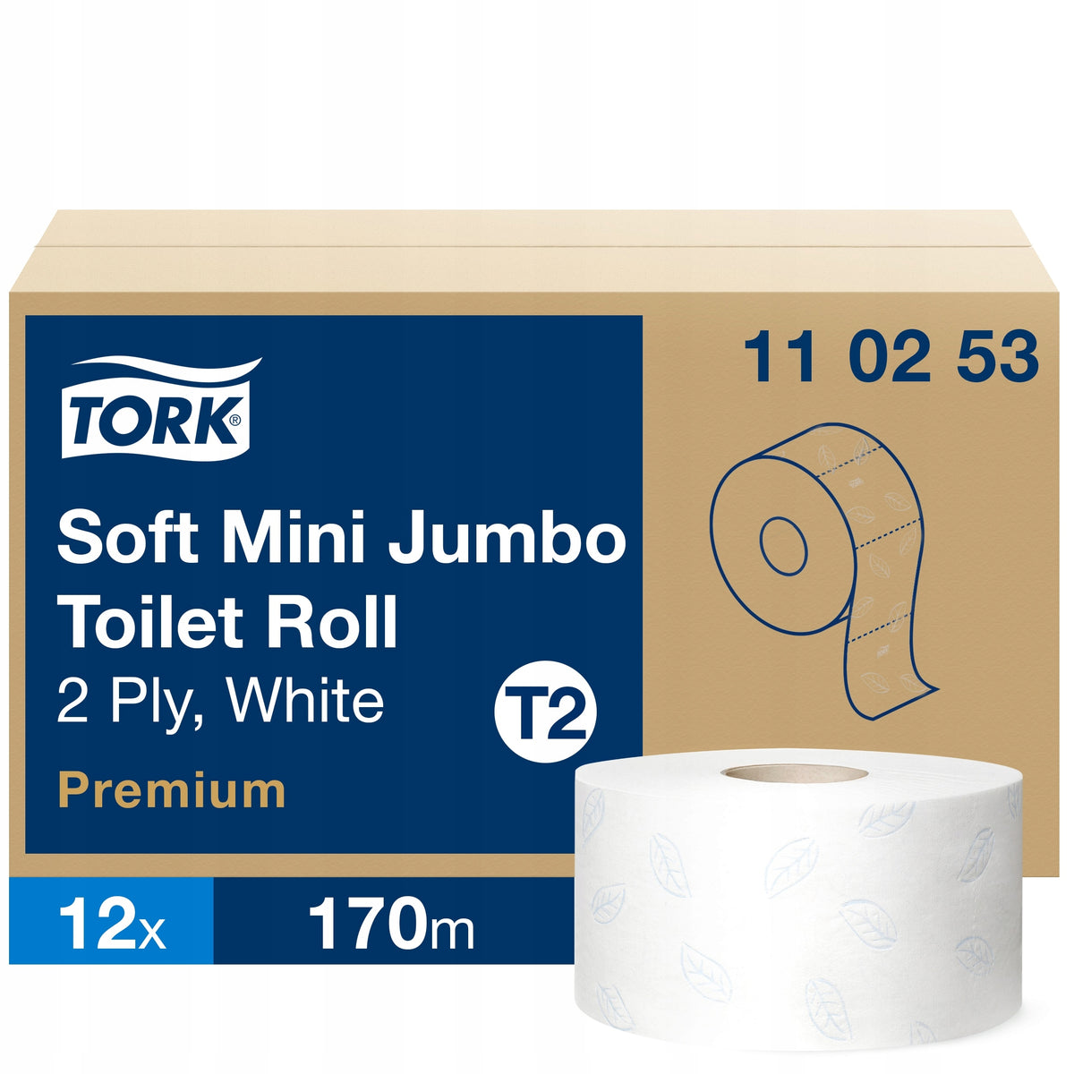 Tork Mini Jumbo T2 110253 papier toaletowy do dozownika, 2-warstwowy z recyklingu, biały bezzapachowy, 850 listków, 12