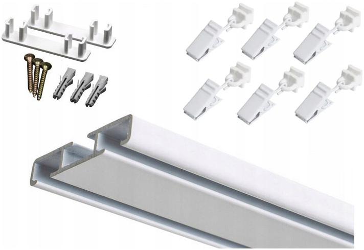 Karnisz szyna sufitowa aluminiowa ALU podwójna biała żabki agrafki 200 CM prowadnica do firan i zasłon, komplet do okna