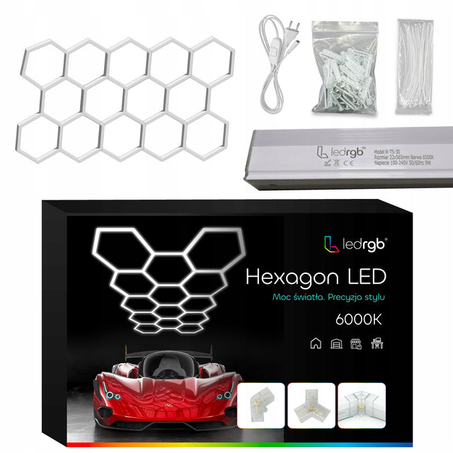 Lampa LED hexagon 14szt Panel Oświetlenie Warsztat Garaż Dom 515x 297 6500K plafon sufitowy, zimna biel, zintegrowane źródło światła