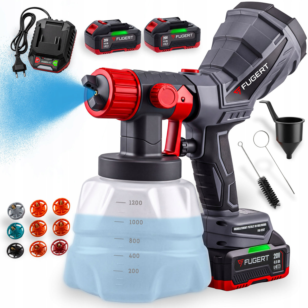 Pistolet do malowania akumulatorowy 2X 4A 1200ML+250 ML dysze 10szt 160DIN natryskowy, farby, lakiery, emulsje, 20 V
