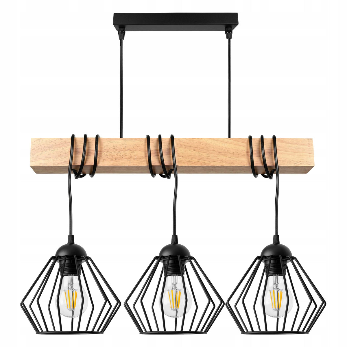 Lampa Wisząca Sufitowa LED Zwis Belka Drewniana Loft Druciana Czarna 3xE27 czarny drewno