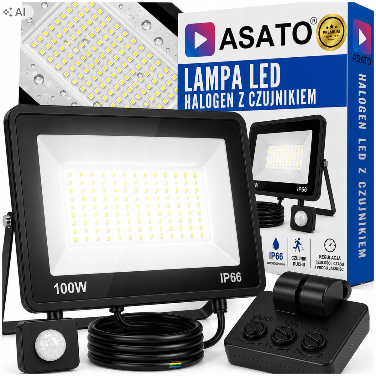 Halogen LED 100W Lampa Naświetlacz z Czujnikiem Ruchu Zmierzchu Zewnętrzny reflektor ogrodowy IP66 5000 K 6500 lm białe