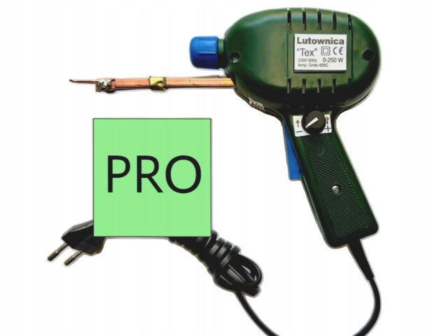 Polska Lutownica transformatorowa Tex 0-250w PRO zielona + 5 grotów do lutowania elektroniki i przewodów, zasilanie sieciowe 230 V, temperatura 400°C