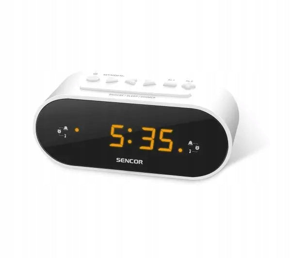 Radiobudzik Zegar budzik Sencor SRC 1100 w LCD mono FM Alarm Biały cyfrowy wyświetlacz, zasilanie sieciowe, kompaktowy