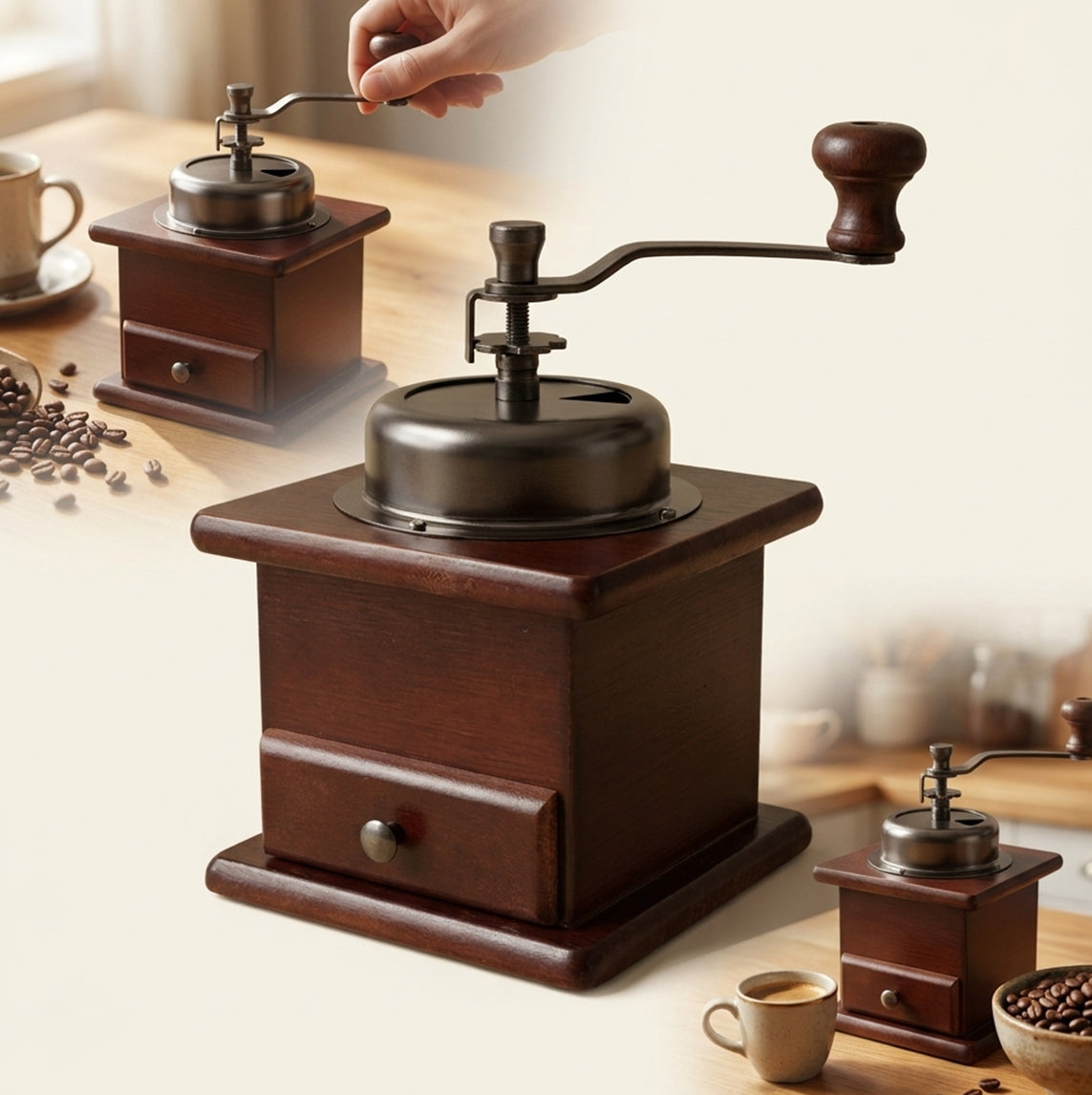 Młynek ręczny klasyczny do kawy przypraw pieprzu retro z szufladą regulacja 11.5 cm /Wzór drewno