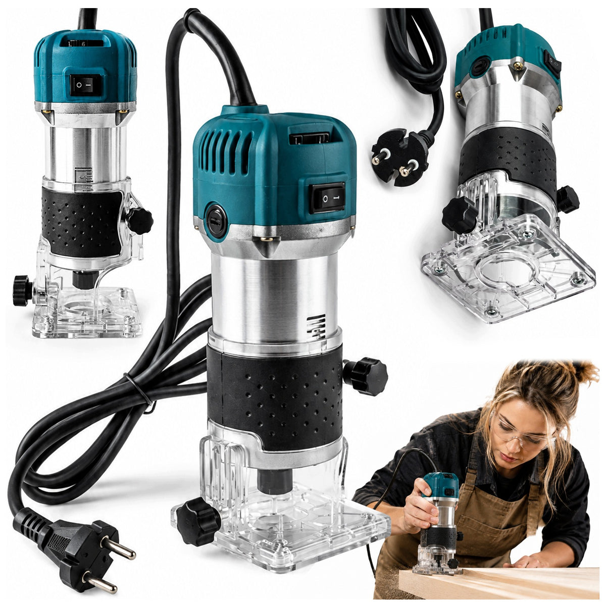 FREZARKA GÓRNOWRZECIONOWA DO DREWNA WYCINARKA Z REGULACJĄ OBROTÓW ZESTAW router stolarski, 2000 W, tuleje 6 i 8 mm