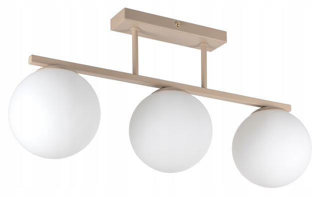 Lampa plafon wisząca sufitowa żyrandol nowoczesna ecru BEŻ białe kule LED oprawa 3-punktowa, klosze szklane 14 cm, gwint E27, wysokość 26 cm