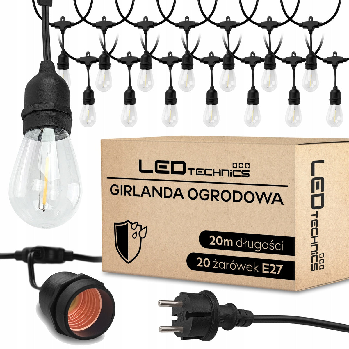 Girlanda Świetlna Ogrodowa Zewnętrzna 20m 20x Żarówka E27 LED Wodoszczelna łańcuch dekoracyjny na taras i balkon