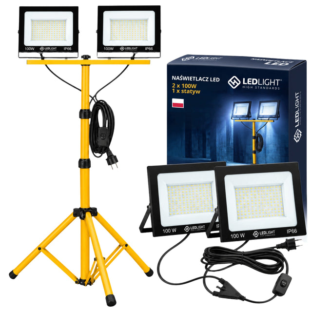 Halogen LED budowlany 200W lampa 2x100W reflektor naświetlacz statyw zestaw oświetlenie robocze do warsztatu i garażu, 18000 lm, 6000 K, IP66