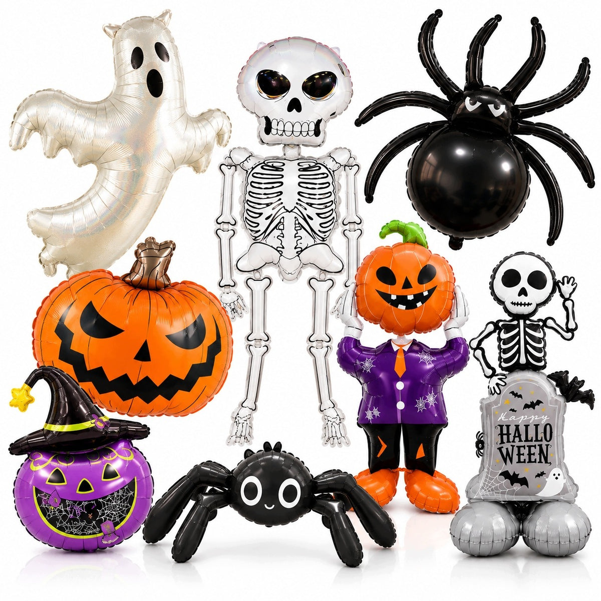 ZESTAW DEKORACJI HALLOWEEN BALONY FOLIOWE SZKIELET NIETOPERZ PAJĄK 8 szt. na przyjęcie tematyczne, dynia i duch