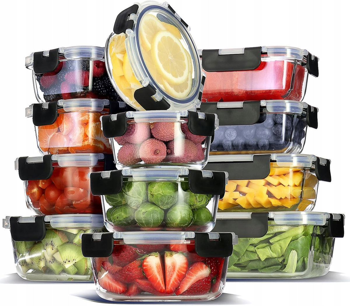 Szklane pojemniki na żywność pojemnik lunchbox do mikrofali lodówki 12szt ciasto, płyny, produkty sypkie, sushi