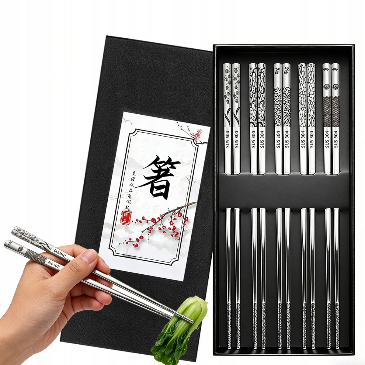 Eleganckie pałeczki do sushi wielorazowe zestaw 5PAR metalowe sztućce azjatyckie 23,5 cm, 10 sztuk