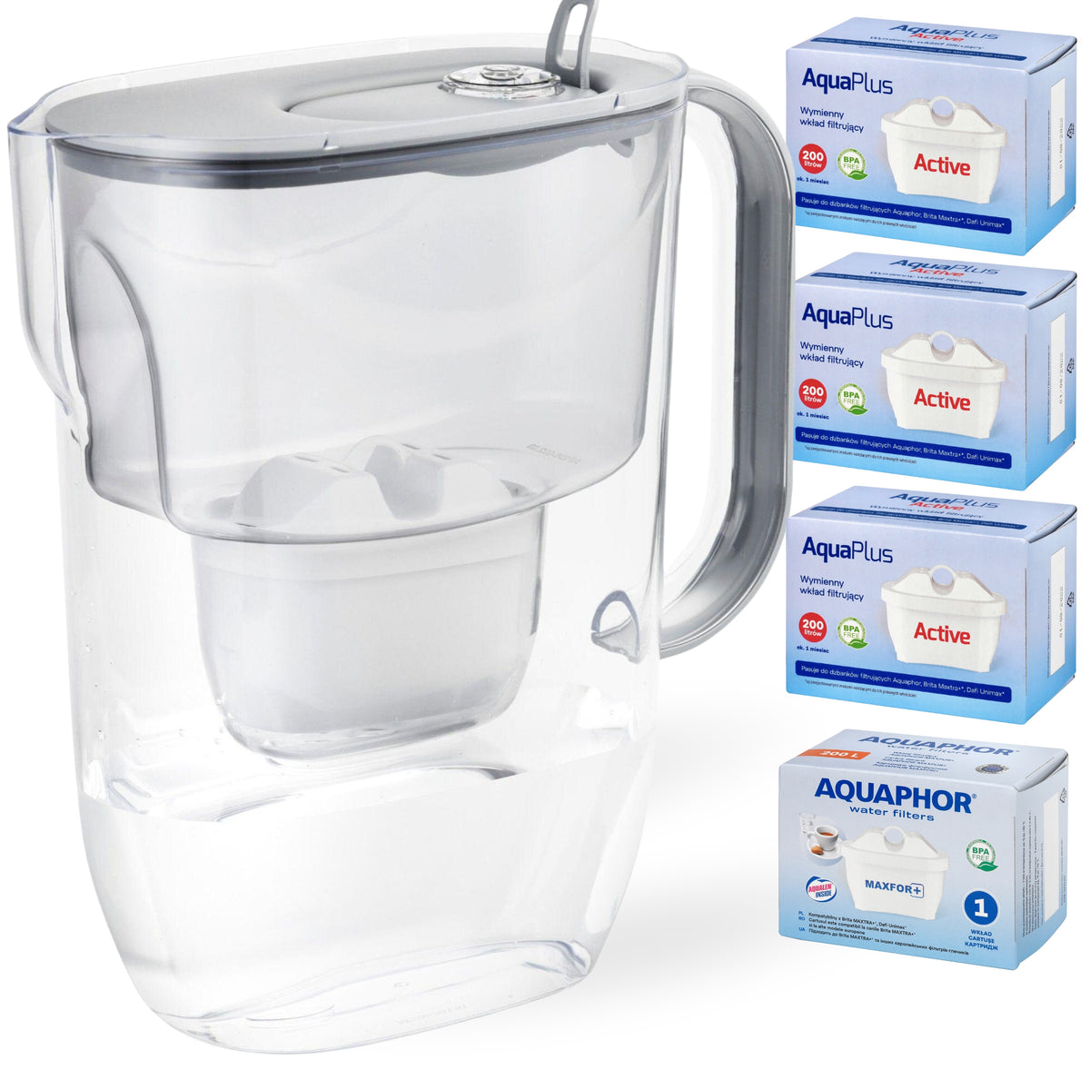 Dzbanek filtrujący wodę Aquaphor Fresh 3,2l Szary z 4 wkładami filtrującymi srebrny/szary