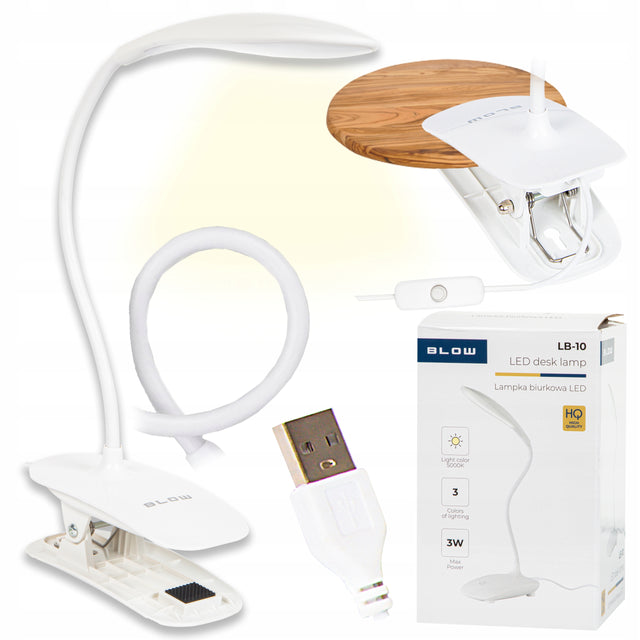 Lampka na biurko biurkowa nocna do czytania wyginana USB LED klips uchwyt lampa stołowa, nauka i praca, biała, 26 cm, zasilanie sieciowe