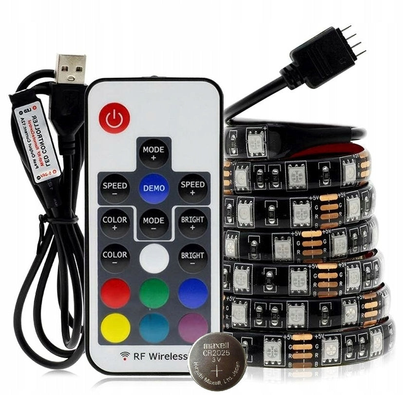 Taśma LED 3 M RGB 5050 podświetlenie TV USB pilot radiowy oświetlenie ambientowe, wielokolorowa, 5V, IP20, jasność 198