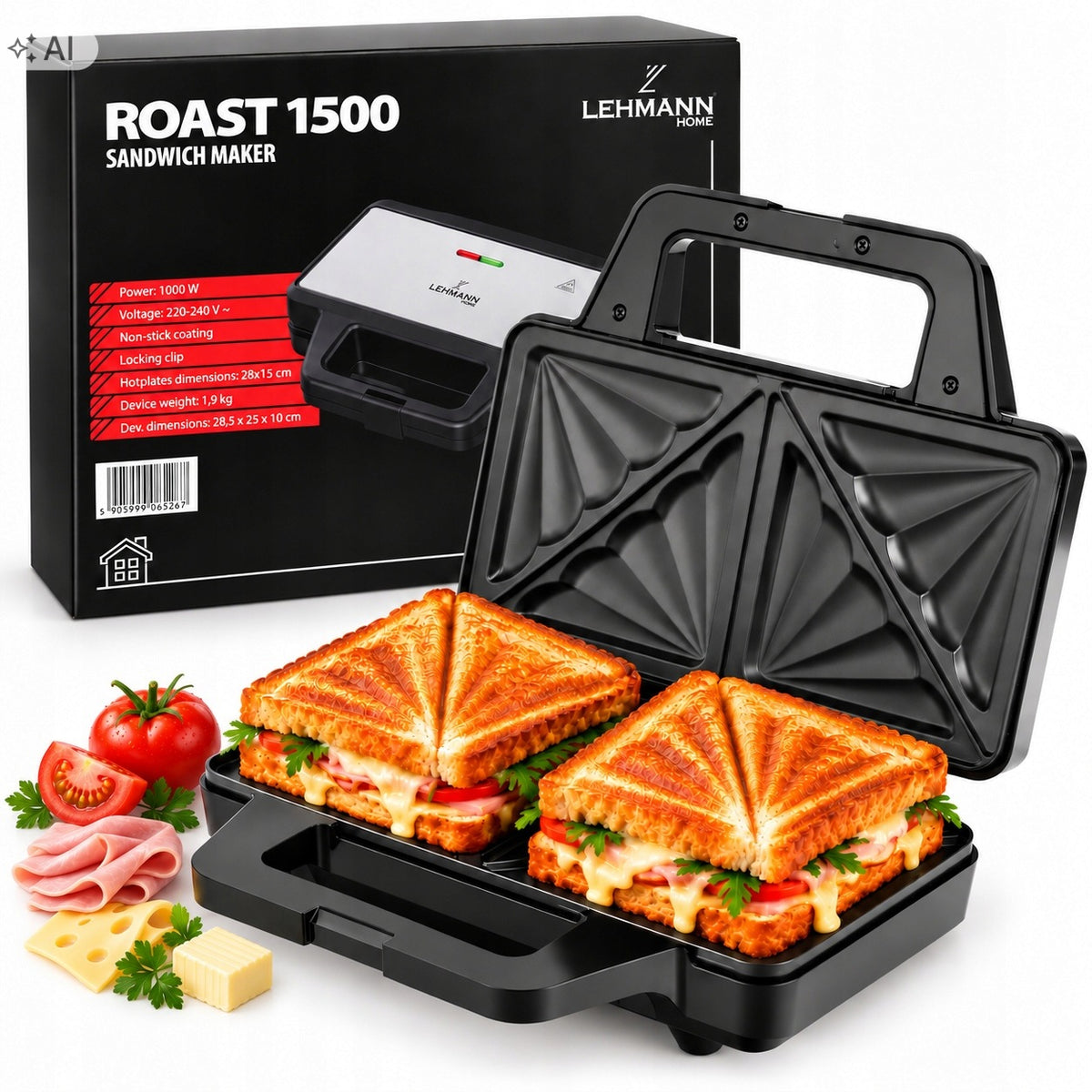 Opiekacz do kanapek toster grill sandwich powłoka nieprzywierająca MOC 1500 nominalna srebrny