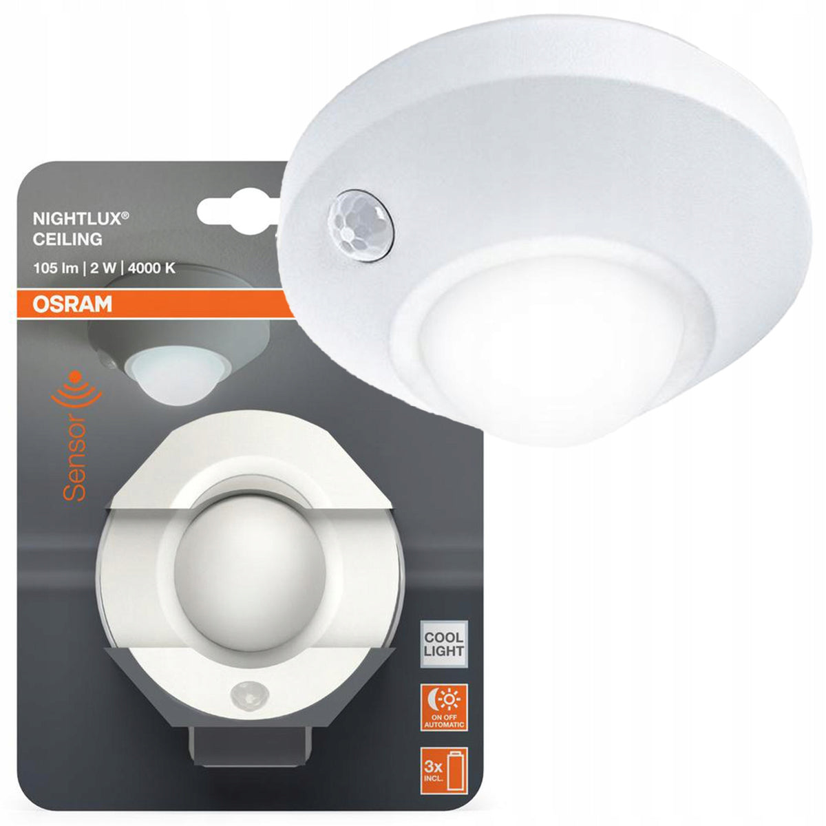 Lampka Sufitowa LED z Czujnikiem Ruchu i Zmierzchu 4000K 105lm nightlux Plafon bateryjny, biała oprawa z wbudowanym