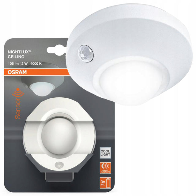 Lampka Sufitowa LED z Czujnikiem Ruchu i Zmierzchu 4000K 105lm nightlux Plafon bateryjny, biała oprawa z wbudowanym źródłem światła