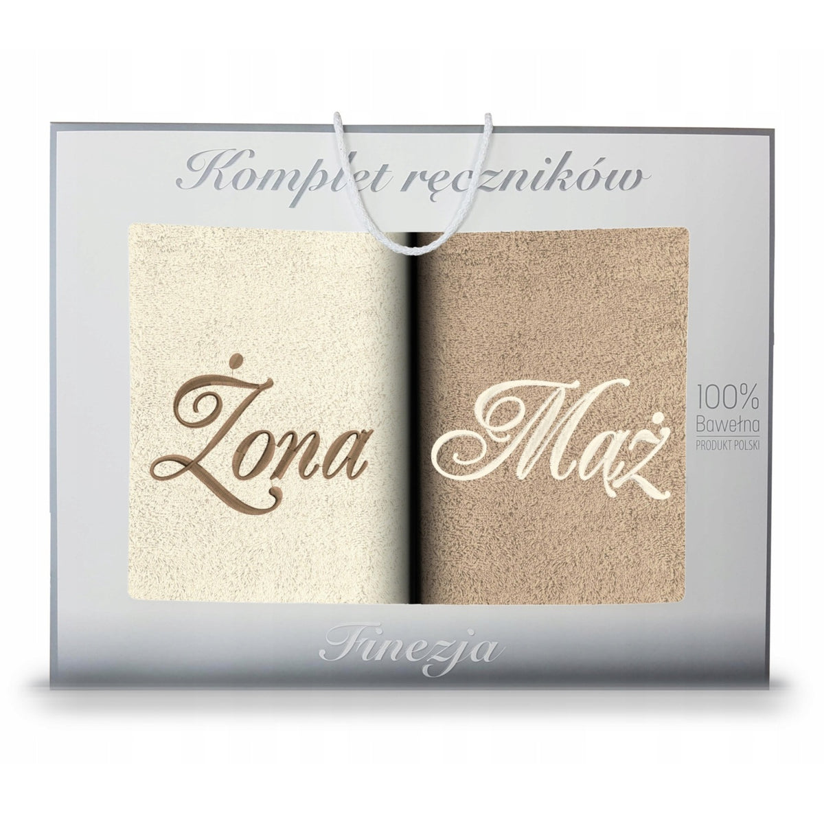 Komplet ręczników Prezent 70x140 2szt Żona Mąż Haft Bawełna Ecru Beż KONEY kąpielowe dla pary 410-500 GSM