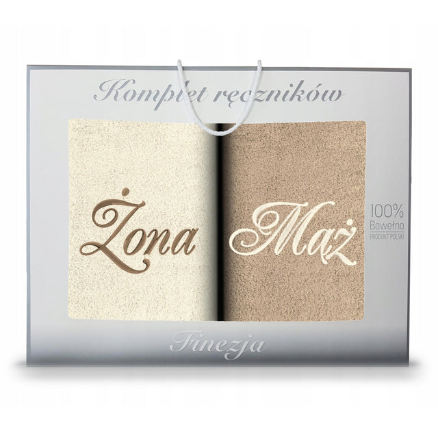 Komplet ręczników Prezent 70x140 2szt Żona Mąż Haft Bawełna Ecru Beż koney kąpielowe dla pary 410-500 GSM ręczniki frotte dla nowożeńców na ślub