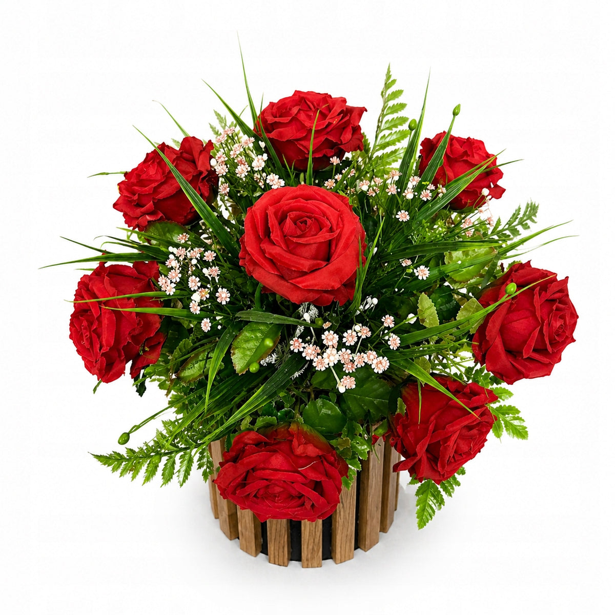 Stroik 28cm na cmentarz z różami i gipsówką eleganckie sztuczne kwiaty dekoracja nagrobna, kompozycja na grób, wiązanka