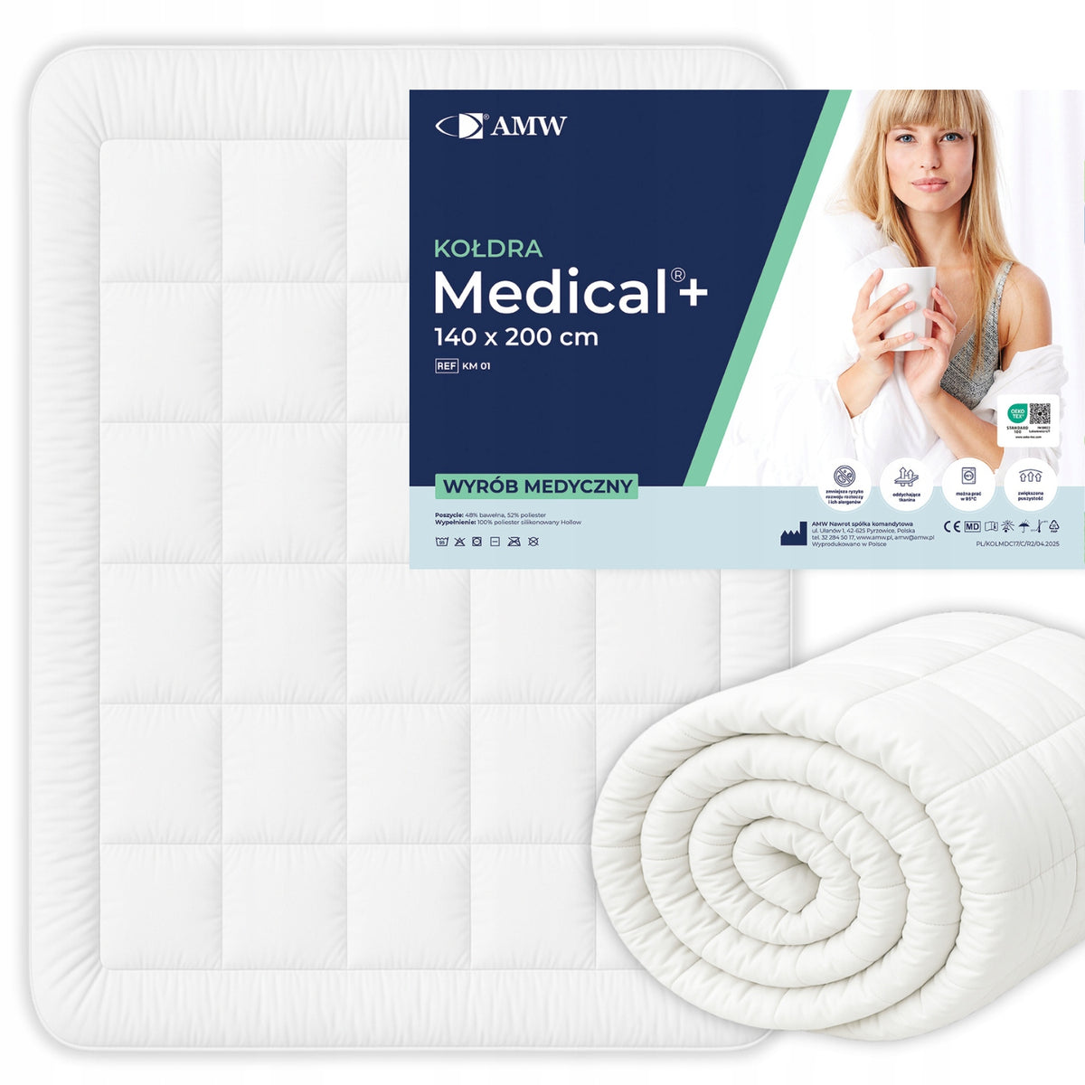 Kołdra Medical+ 140x200 Polska Sprężysta Całoroczna Antyalergiczna 95°C wypełnienie silikonowe, pranie w pralce