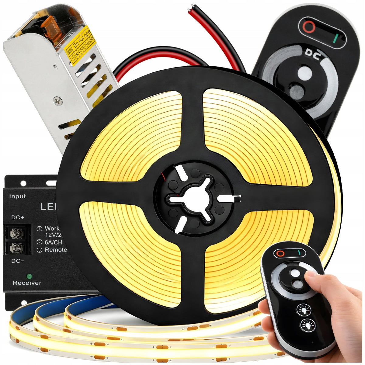 Zestaw Taśma LED Neon COB 12V 5m 4500K biała neutralna zasilacz 60W pilot pasek świetlny do wnętrz, oświetlenie