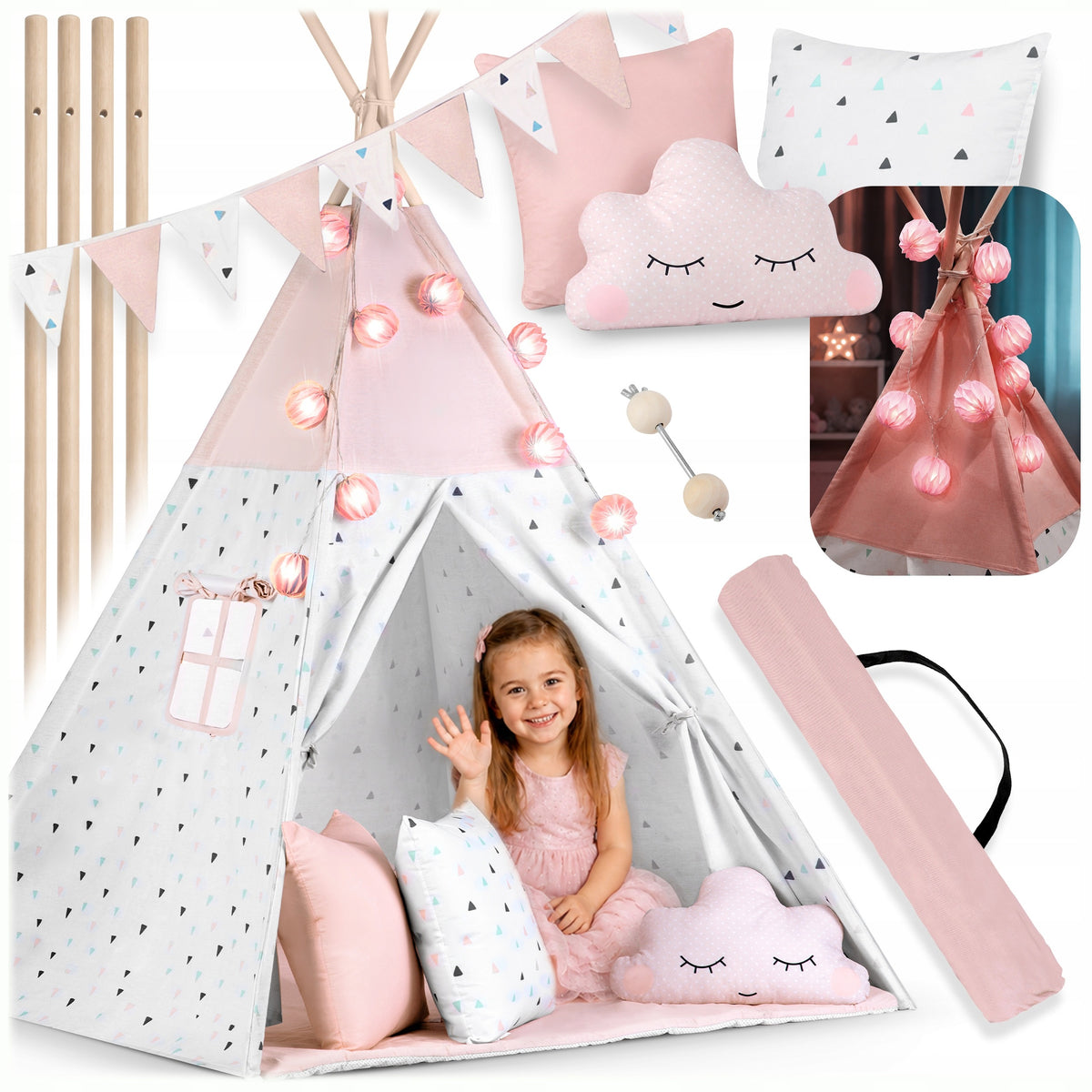 Tipi namiot wigwam dla dzieci teepee Girlanda Poduszki Stabilizator Nukido domek do zabawy, różowa kryjówka, mata