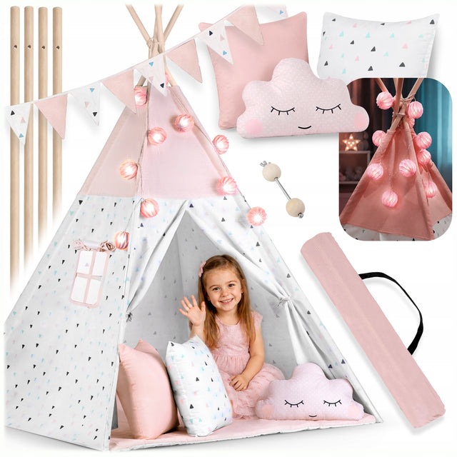 Tipi namiot wigwam dla dzieci teepee Girlanda Poduszki Stabilizator Nukido domek do zabawy, różowa kryjówka, mata, pokrowiec, wysokość 190 cm, 3+