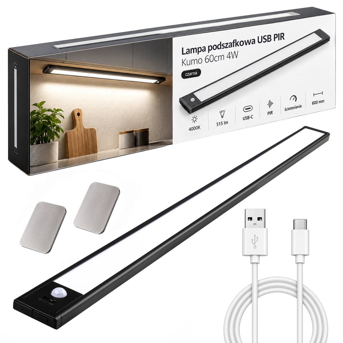 Lampka nocna LED 60cm z czujnikiem ruchu lampa podszafkowa do mebli czarna oświetlenie akumulatorowe USB, neutralna