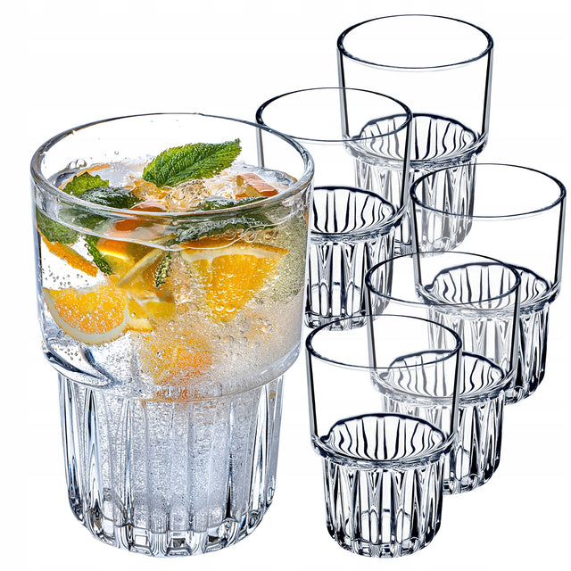 Szklanki do napojów zimnych 320ml drinków zestaw szklanek ryflowane 6szt do wody, soków i lemoniady, bezbarwne, do zmywarki