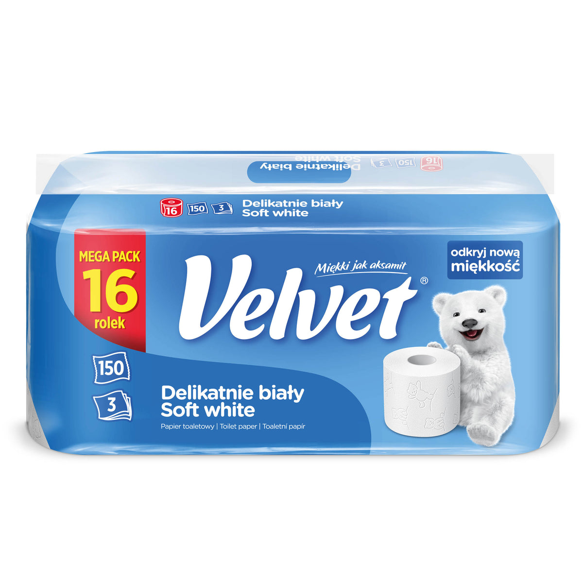 Velvet papier toaletowy Delikatnie Biały 16 rolek do łazienki, higieniczny, suchy, bezzapachowy