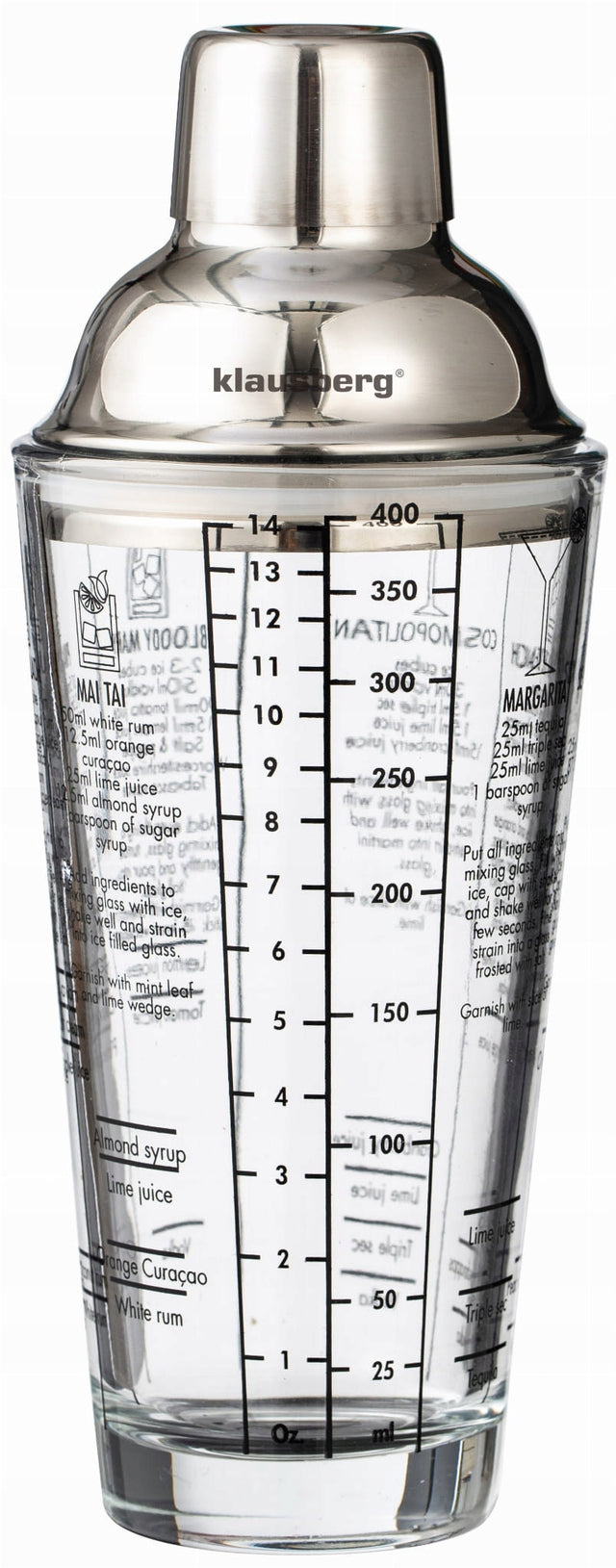 Shaker szklany do drinków koktajli z przepisami barmański 400 ml klausberg szejker, naczynie do mieszania napojów mieszalnik do alkoholi z miarką