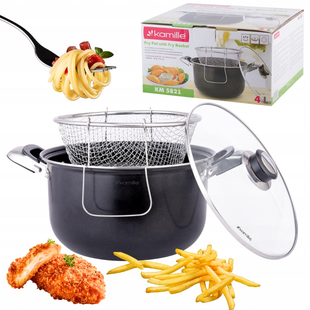 GARNEK DO SMAŻENIA FRYTEK PĄCZKÓW GOTOWANIA MAKARONU Z SITKIEM KAMILLE naczynie stalowe 4 l, powłoka non-stick